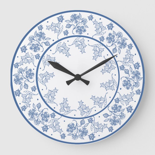 Grande Horloge Ronde Indigo personnalisé sur la bordure florale blanche (Recto)