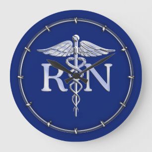 Grande Horloge Ronde Infirmière autorisée RN Caduceus sur déco bleue