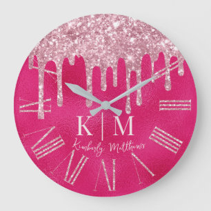 Grande Horloge Ronde Initiales de monogramme scintillantes rose vif gla