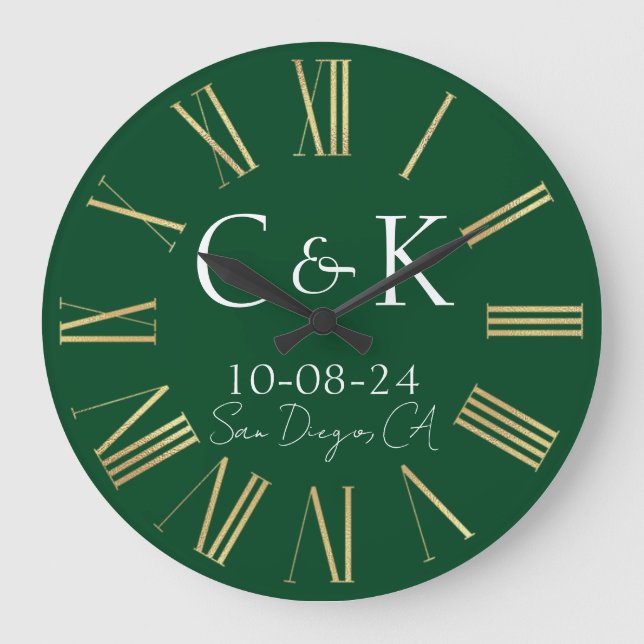 Grande Horloge Ronde Initiales de monogramme sur mariage vert forêt (Recto)