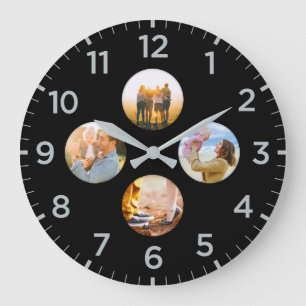 Grande Horloge Ronde Inlay photo 4 cercles en noir personnalisé