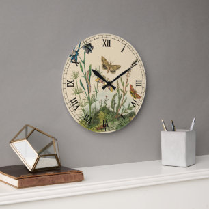 Grande Horloge Ronde Insectes de jardin vintage, papillons, chenilles