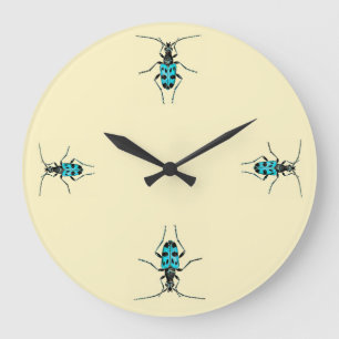 Grande Horloge Ronde Insectes vintages Bleu Beetle Temps Entomologie