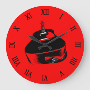 Grande Horloge Ronde Instrument de musique de guitare Red Neon