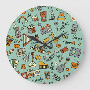 Grande Horloge Ronde Instruments de musique, motif de croquis vintage.
