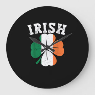 Grande Horloge Ronde Irlande Shamrock Irlande Drapeau Saint Patrick Jou