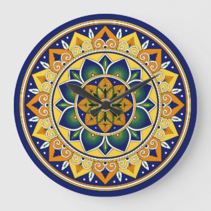 Grande Horloge Ronde Italien Tile Motif - Peacock motifs majolica