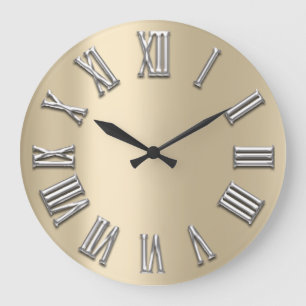 Grande Horloge Ronde Ivory Grey Gris Métal Gris Argent Roman Nombre