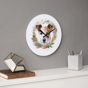 Grande Horloge Ronde Jack Russell Christmas Wreath Festive Pup