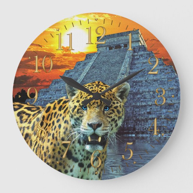 Grande Horloge Ronde Jaguar & Chichen Itza Temple Wildlife Wall Clock (Recto)
