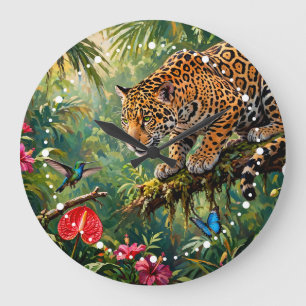 Grande Horloge Ronde Jaguar Forêt Tropicale Colibris Papillons Fleurs