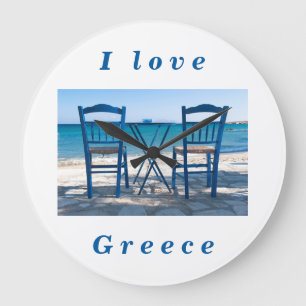 Grande Horloge Ronde J'aime Grèce taverna photo bleu et blanc