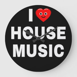 GRANDE HORLOGE RONDE J'AIME LA MUSIQUE HOUSE POLICE BLANCHE FOND NOIR