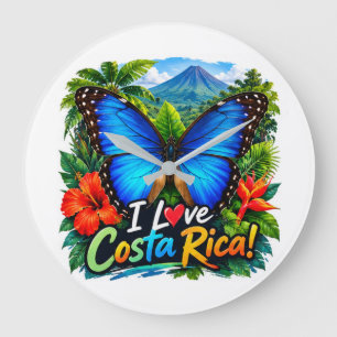 Grande Horloge Ronde J'aime le papillon Blue Morpho du Costa Rica