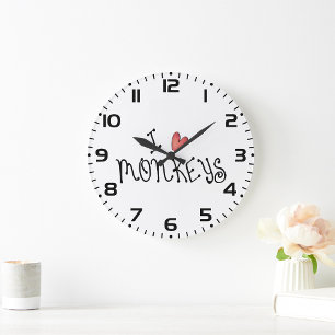Grande Horloge Ronde J'aime les singes typographie manuscrite mignonne
