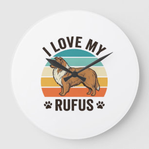 Grande Horloge Ronde J'aime mon design de chien vintage Rufus_1