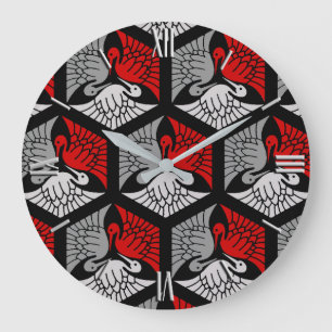 Grande Horloge Ronde Japanese Cranes, Red, Gray / Grey and Black