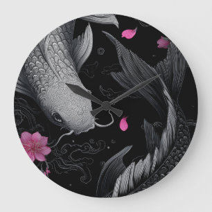 Grande Horloge Ronde Japonais Koi Fish mode foncé
