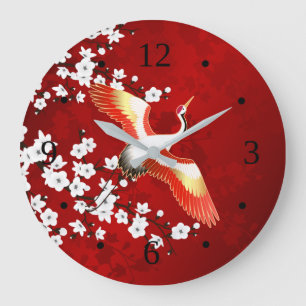 Grande Horloge Ronde Japonaise Grue Blanc Cerisier Fleur Rouge