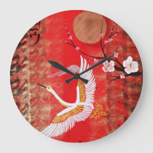 Grande Horloge Ronde Japonaise grue soleil Japon sakura rouge peinture