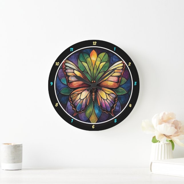 Grande Horloge Ronde Jardin de Kaleidoscope" - Papillon en verre (Maison)