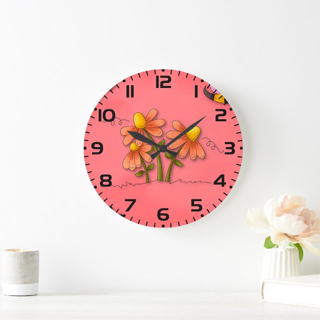 Grande Horloge Ronde Jardin de printemps mignon de l'abeille et rose fl (Créateur téléchargé)