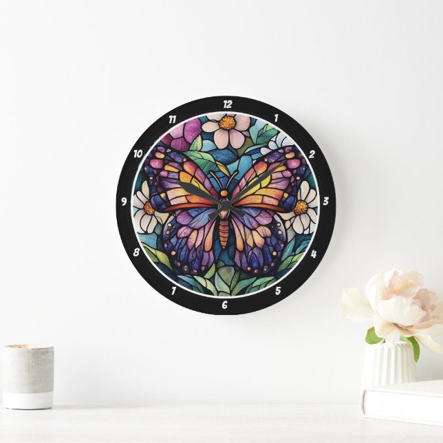 Grande Horloge Ronde Jardin de verre tendu" - Papillon & Floral (Maison)