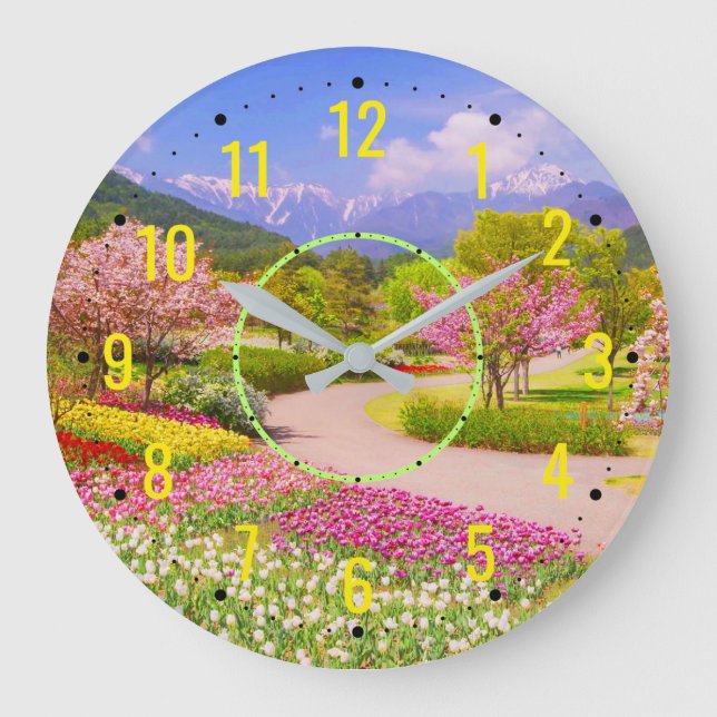 Grande Horloge Ronde Jardin fleuri et Plante - extérieur moderne (Recto)