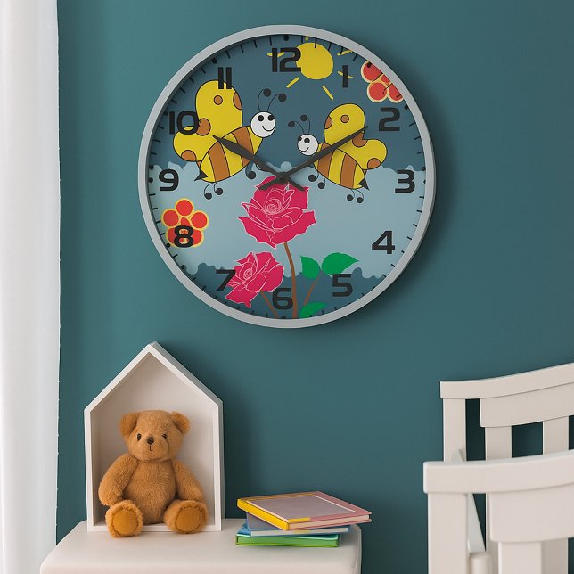 Grande Horloge Ronde Jardin Floral Rose et abeilles (Créateur téléchargé)