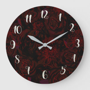 Grande Horloge Ronde Jardin foncé Rouge Fleurs romantiques Gothique
