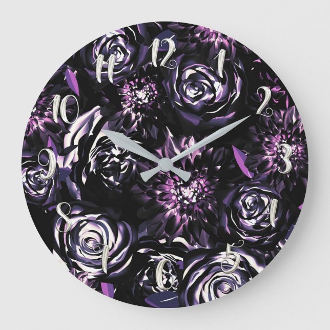 Grande Horloge Ronde Jardin foncé Vis mauve Fleurs de Glam (Recto)