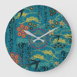 Grande Horloge Ronde Jardin japonais dans Teal