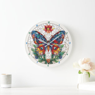 Grande Horloge Ronde Jardin Jardin Vitrail Papillon Floral