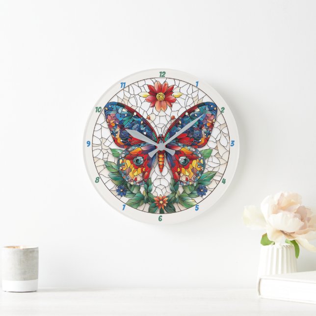 Grande Horloge Ronde Jardin Jardin Vitrail Papillon Floral (Maison)