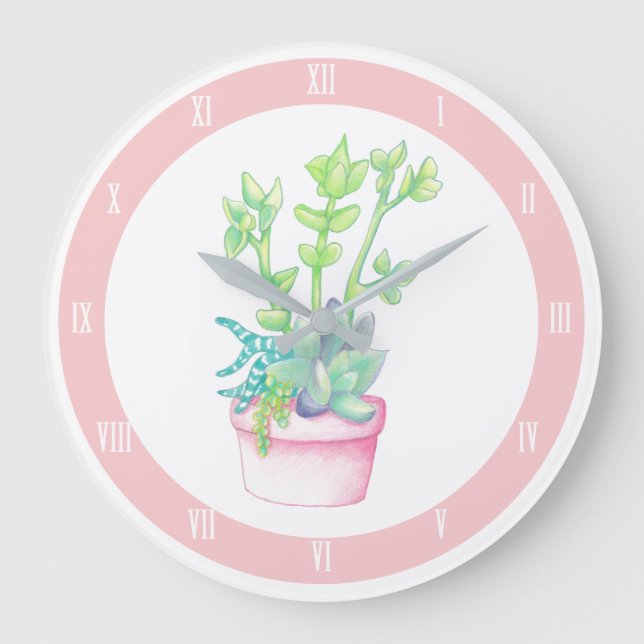 Grande Horloge Ronde Jardin Posé Succulents & Rose (Recto)