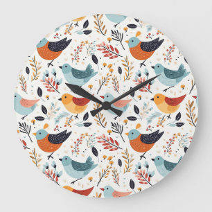 Grande Horloge Ronde Jardin rustique d'oiseaux bleus et orange