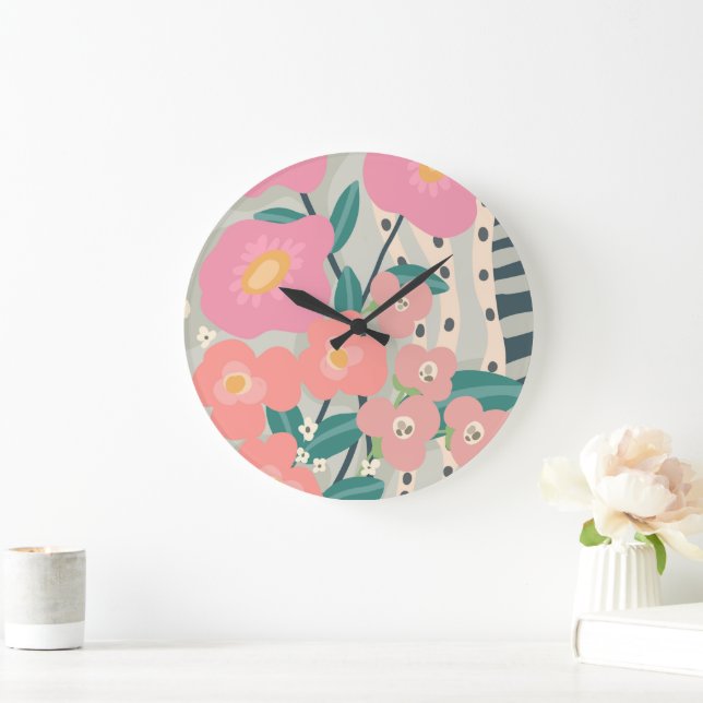 Grande Horloge Ronde Jardin Whimsical Moderne Mur Floral (Maison)