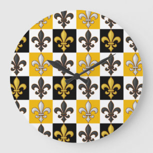 Grande Horloge Ronde Jaune Blanc À damiers Fleur de lis Design