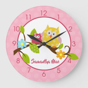 Grande Horloge Ronde Jaune et rose Bonne Chouette Fille Nursery