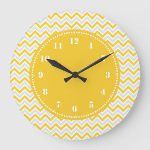 Grande Horloge Ronde Jaune Girly de motif moderne de Chevron