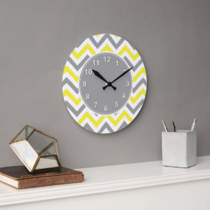 Grande Horloge Ronde Jaune, Gris Dk What Grand Motif Chevron ZigZag