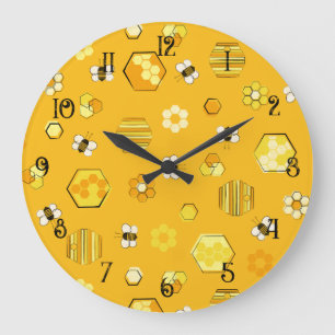 Grande Horloge Ronde Jaune miel rétro Motif abeille