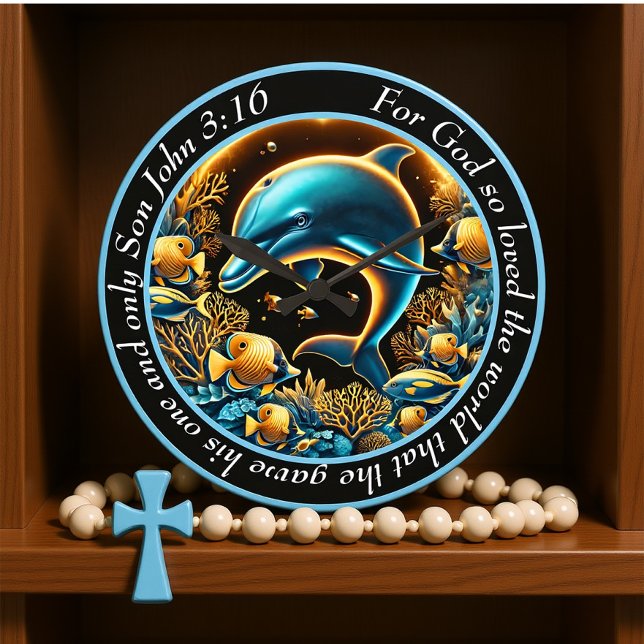 Grande Horloge Ronde Jean 3:16 Profondeurs Joueuses Dauphin Fils de Die (Créateur téléchargé)