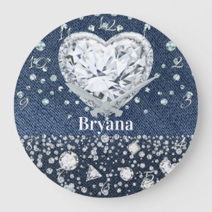 Grande Horloge Ronde Jean Bleu Denim & Diamants Diamant Strass Cœur