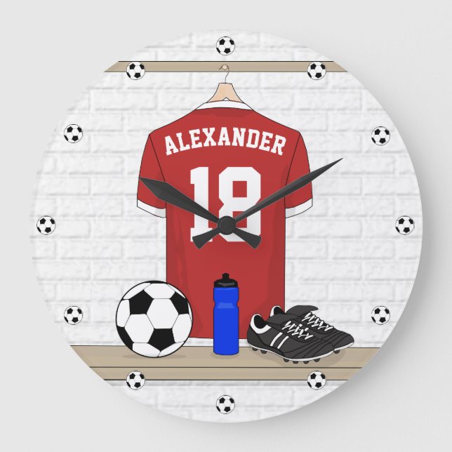 Grande Horloge Ronde Jersey de football rouge et blanc personnalisé (Recto)
