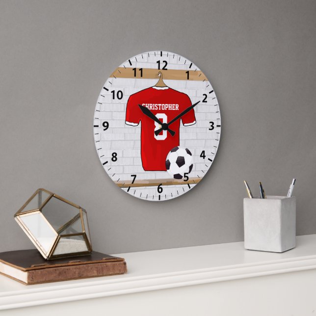 Grande Horloge Ronde Jersey de football rouge et blanc personnalisé (Bureau)
