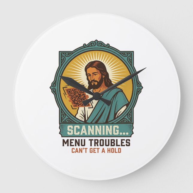 Grande Horloge Ronde Jésus Code QR flou ne scannera pas Menu Humour Tec (Recto)
