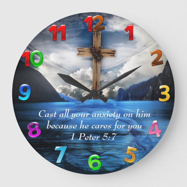 Grande Horloge Ronde Jésus dans l'eau ondulante 1 Pierre 5:7 (Recto)