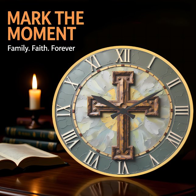 Grande Horloge Ronde Jesus Rustic Textured Cross (Créateur téléchargé)