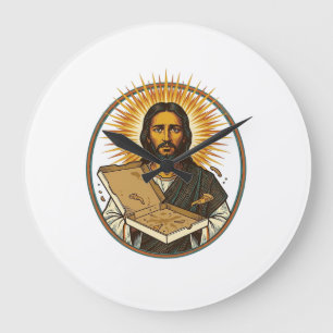 Grande Horloge Ronde Jésus Trompé Par Une Boîte De Pizza Vide Humour De